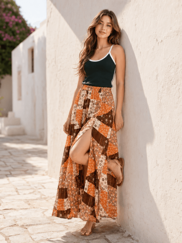 Earth Block Print Wide-Leg Palazzo