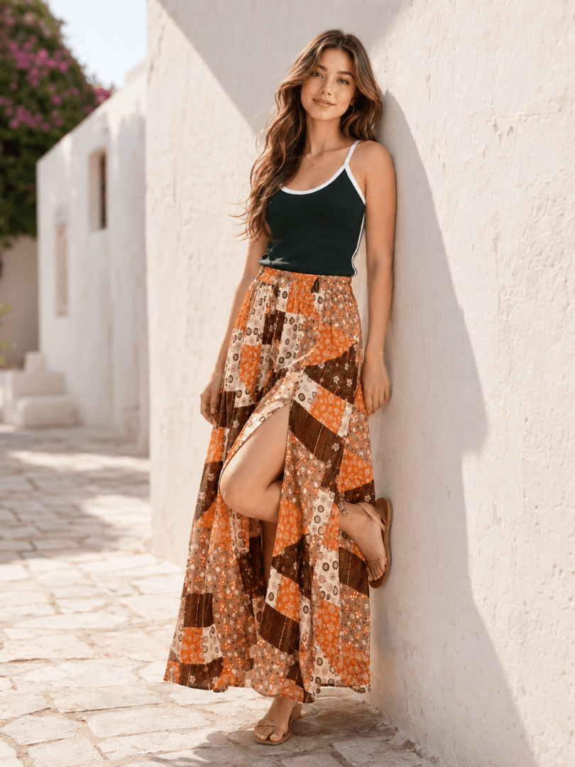 Earth Block Print Wide-Leg Palazzo